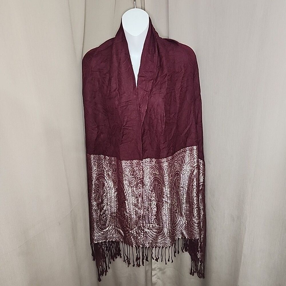 Scarf Shawl Women’s Pashmina Burgundy Paisley Gold Embellished Fringed Vintage